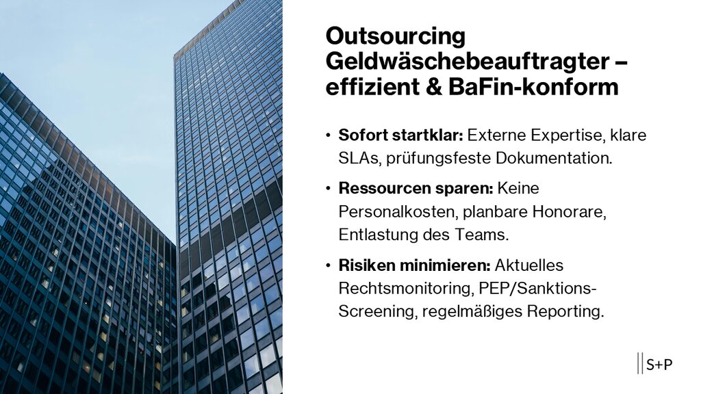 Outsourcing Geldwäschebeauftragter – Effiziente Compliance-Lösung für Ihr Unternehmen | S+P 1 Outsourcing Geldwäschebeauftragter – Effiziente Compliance-Lösung für Ihr Unternehmen